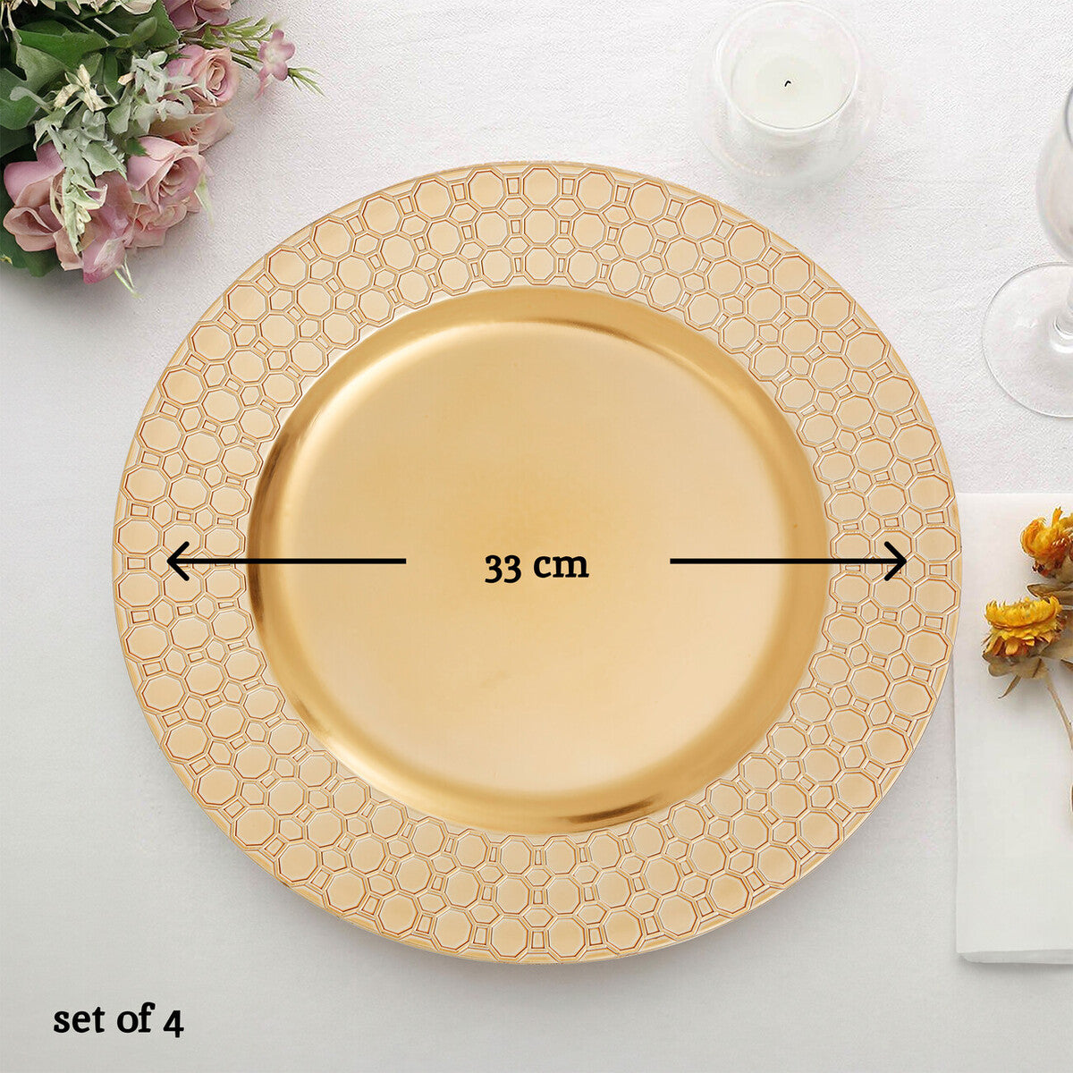 Set of Four 33cm Gold Charger Plates with Octagon Pattern Rim | Dia
