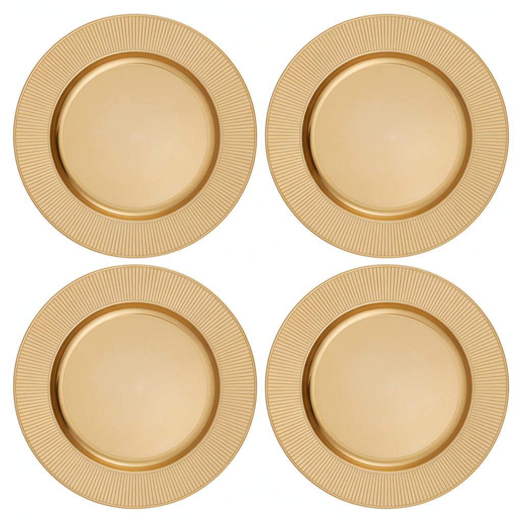Set of Four 33cm Gold Charger Plates with Ribbed Rims | Dia