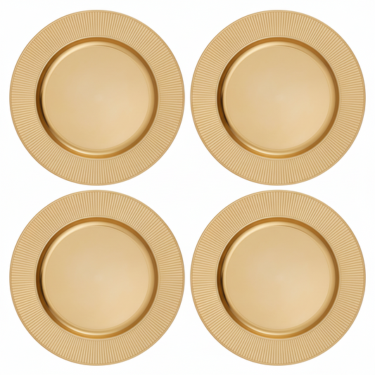 Set of Four 33cm Gold Charger Plates with Ribbed Rims | Dia