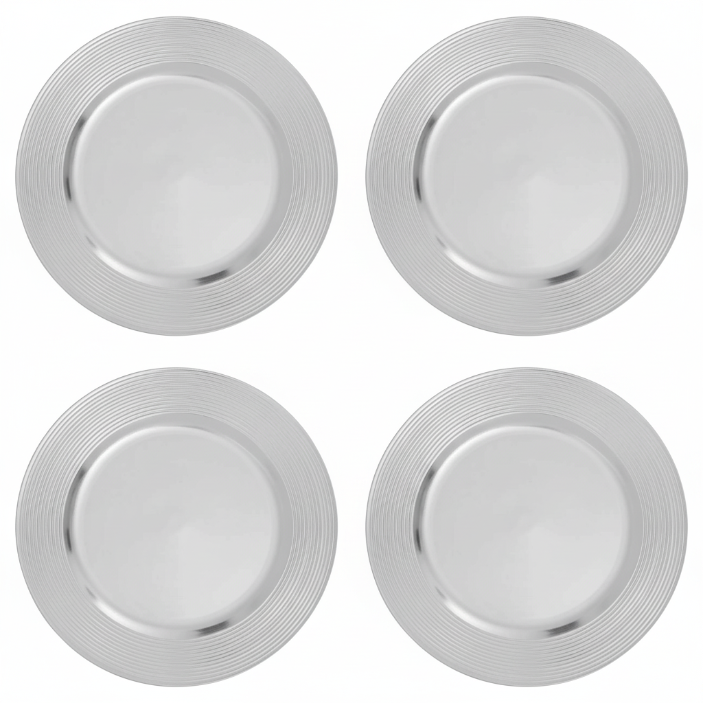 Set of Four 33cm Silver Charger Plates with Ribbed Rims | Dia
