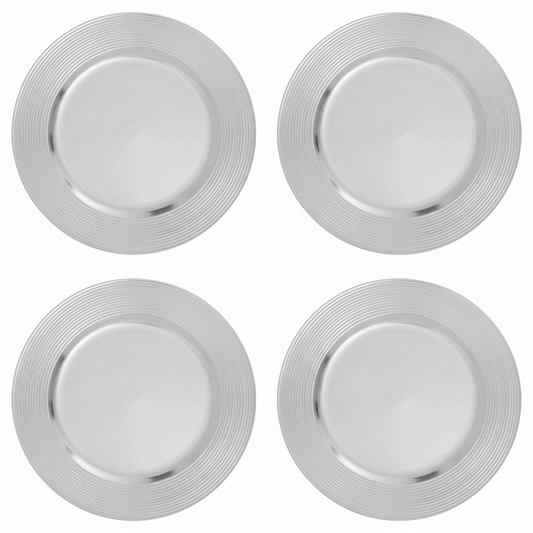 Set of Four 33cm Silver Charger Plates with Ribbed Rims | Dia