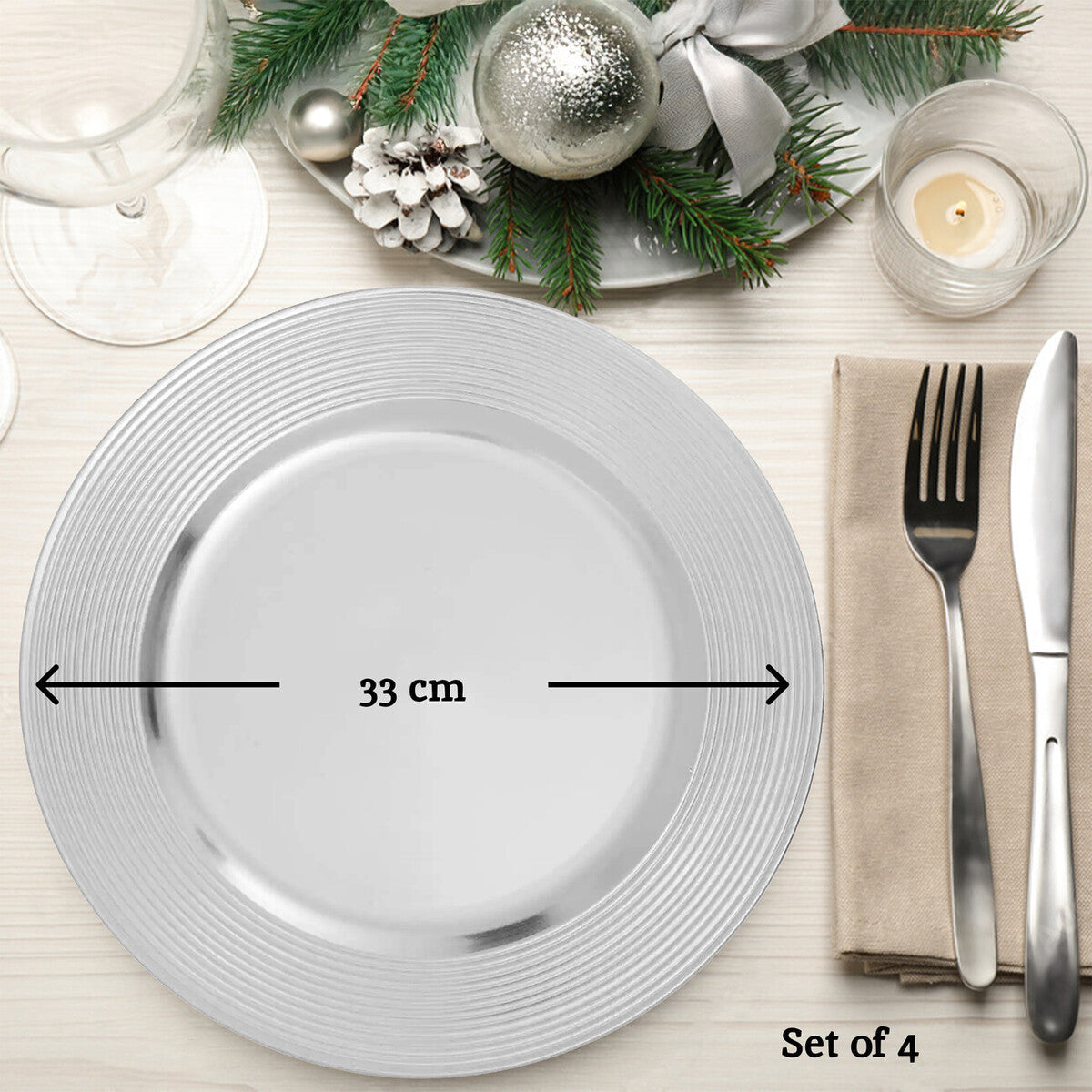 Set of Four 33cm Silver Charger Plates with Ribbed Rims | Dia