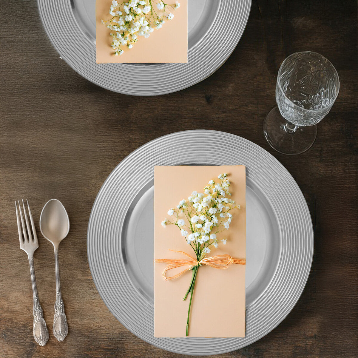 Set of Four 33cm Silver Charger Plates with Ribbed Rims | Dia