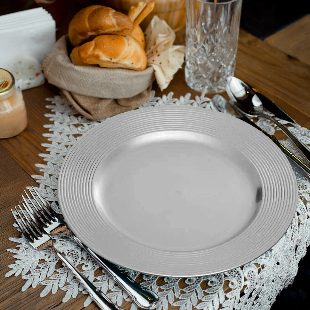 Set of Four 33cm Silver Charger Plates with Ribbed Rims | Dia