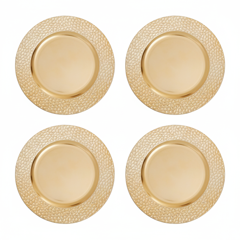 Set of Four 33cm Gold Charger Plates with Hammered Rims | Dia