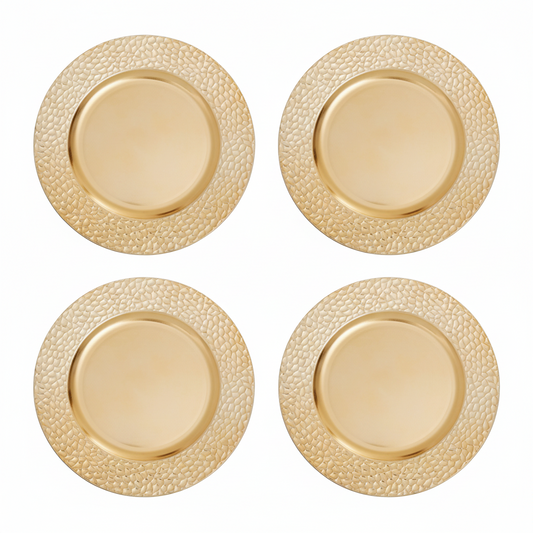 Set of Four 33cm Gold Charger Plates with Hammered Rims | Dia
