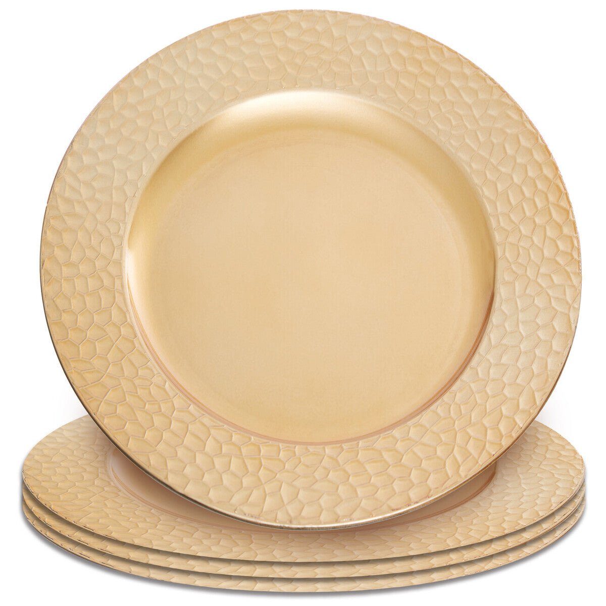 Set of Four 33cm Gold Charger Plates with Hammered Rims | Dia