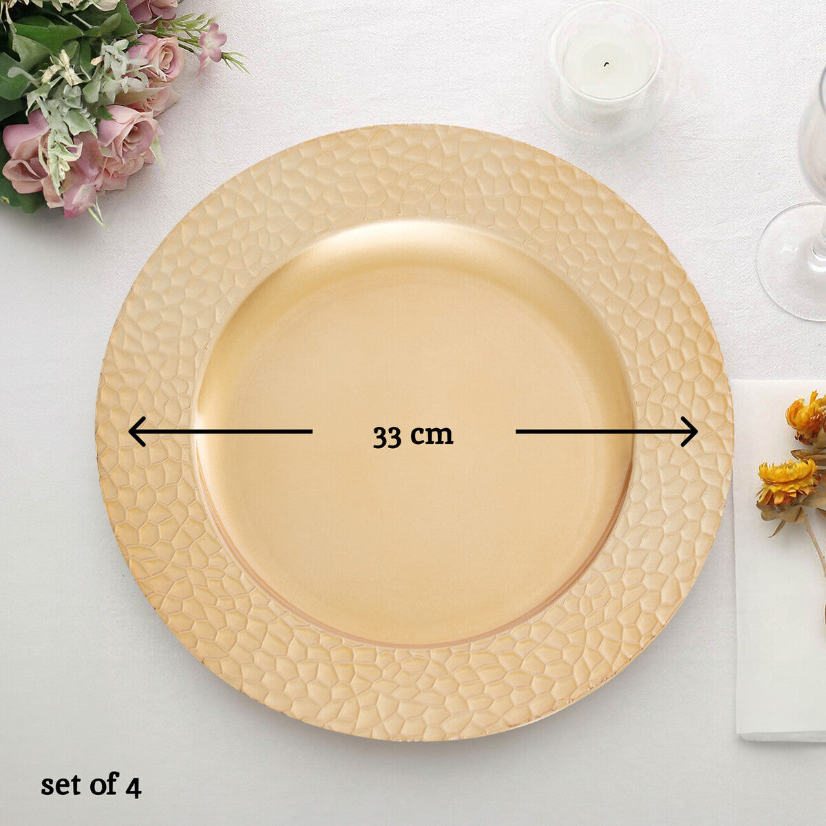 Set of Four 33cm Gold Charger Plates with Hammered Rims | Dia