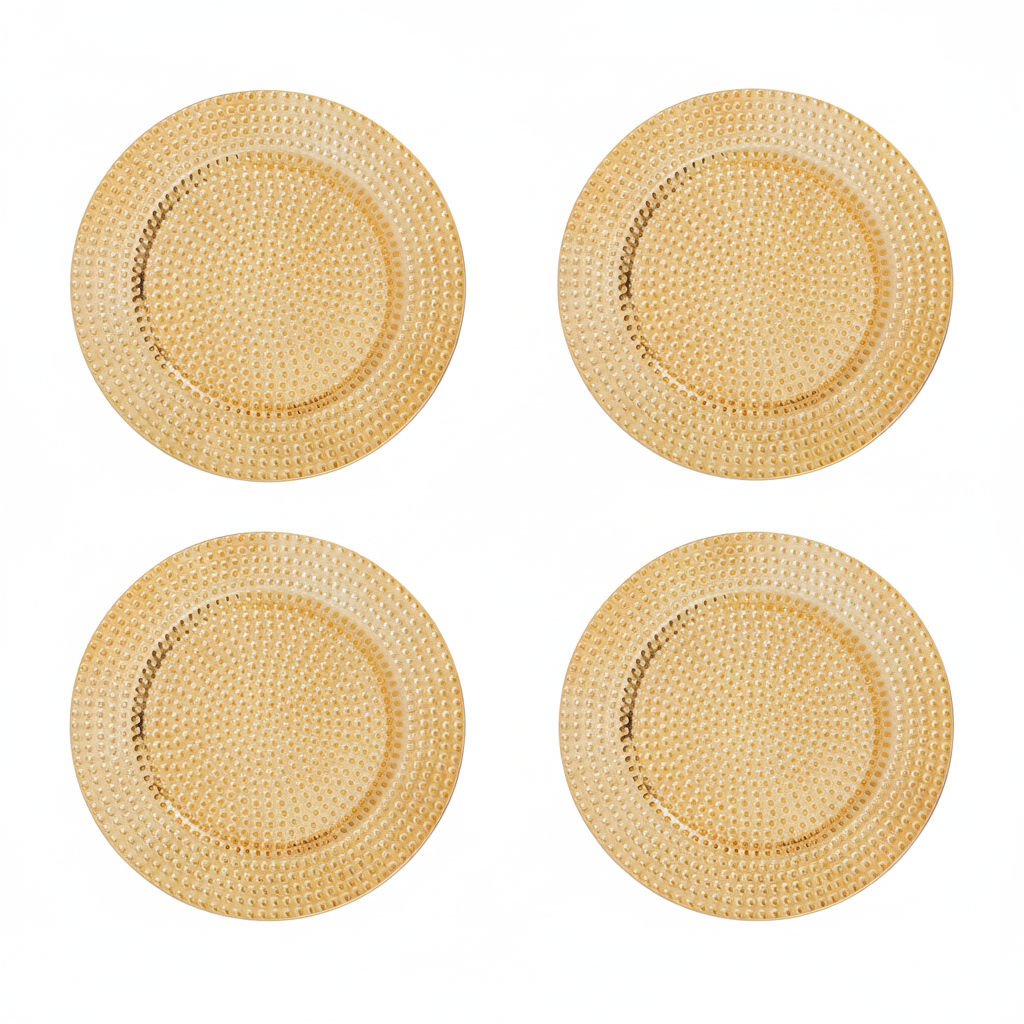 Set of Four 33cm Gold Finish Hammered Charger Plates | Dia