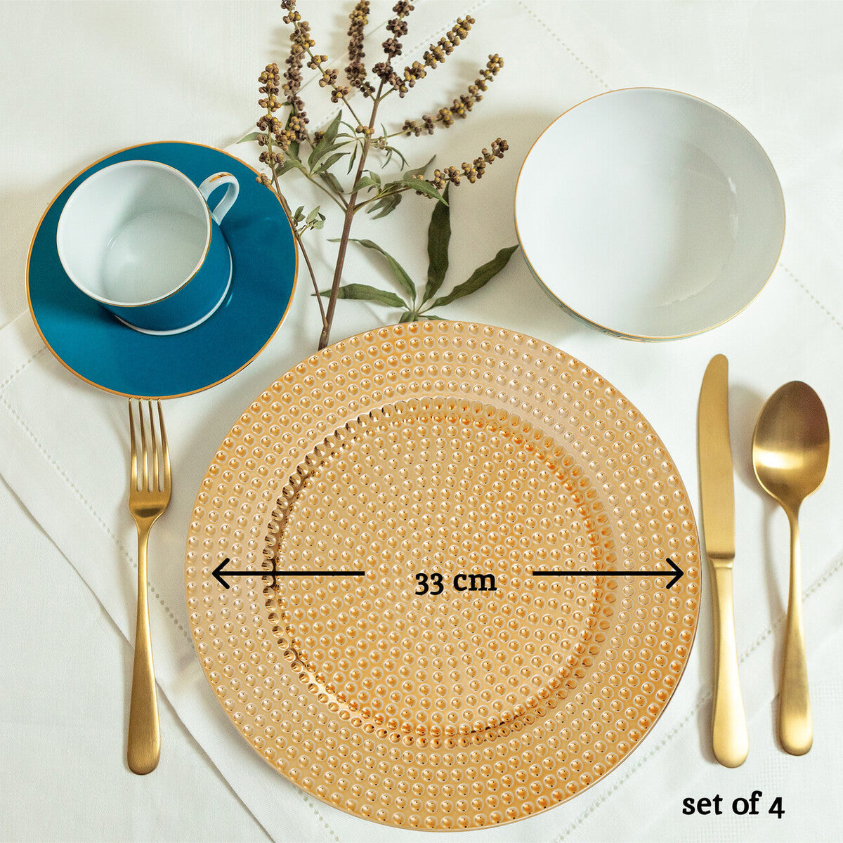 Set of Four 33cm Gold Finish Hammered Charger Plates | Dia