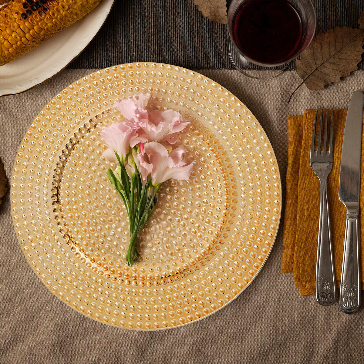 Set of Four 33cm Gold Finish Hammered Charger Plates | Dia