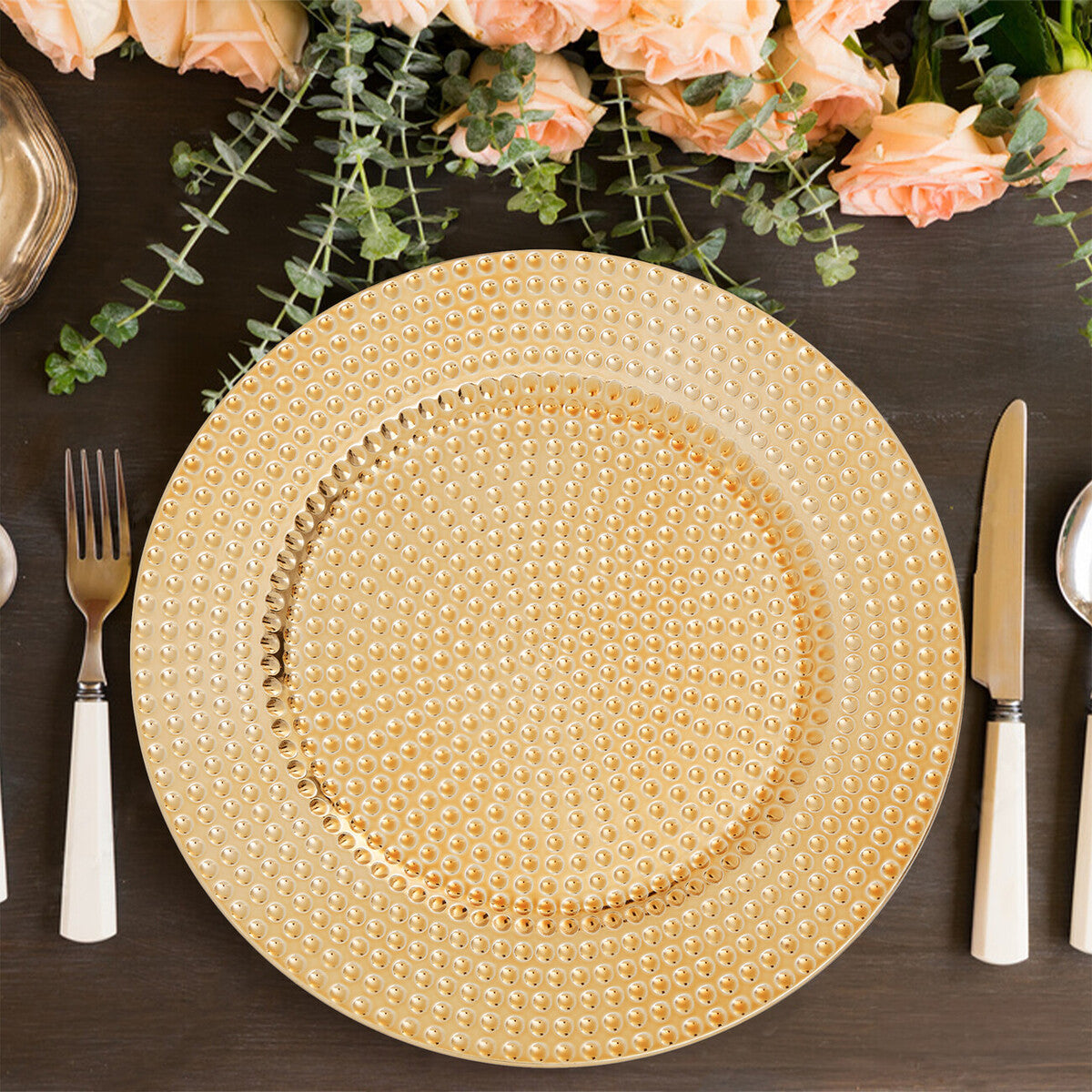 Set of Four 33cm Gold Finish Hammered Charger Plates | Dia