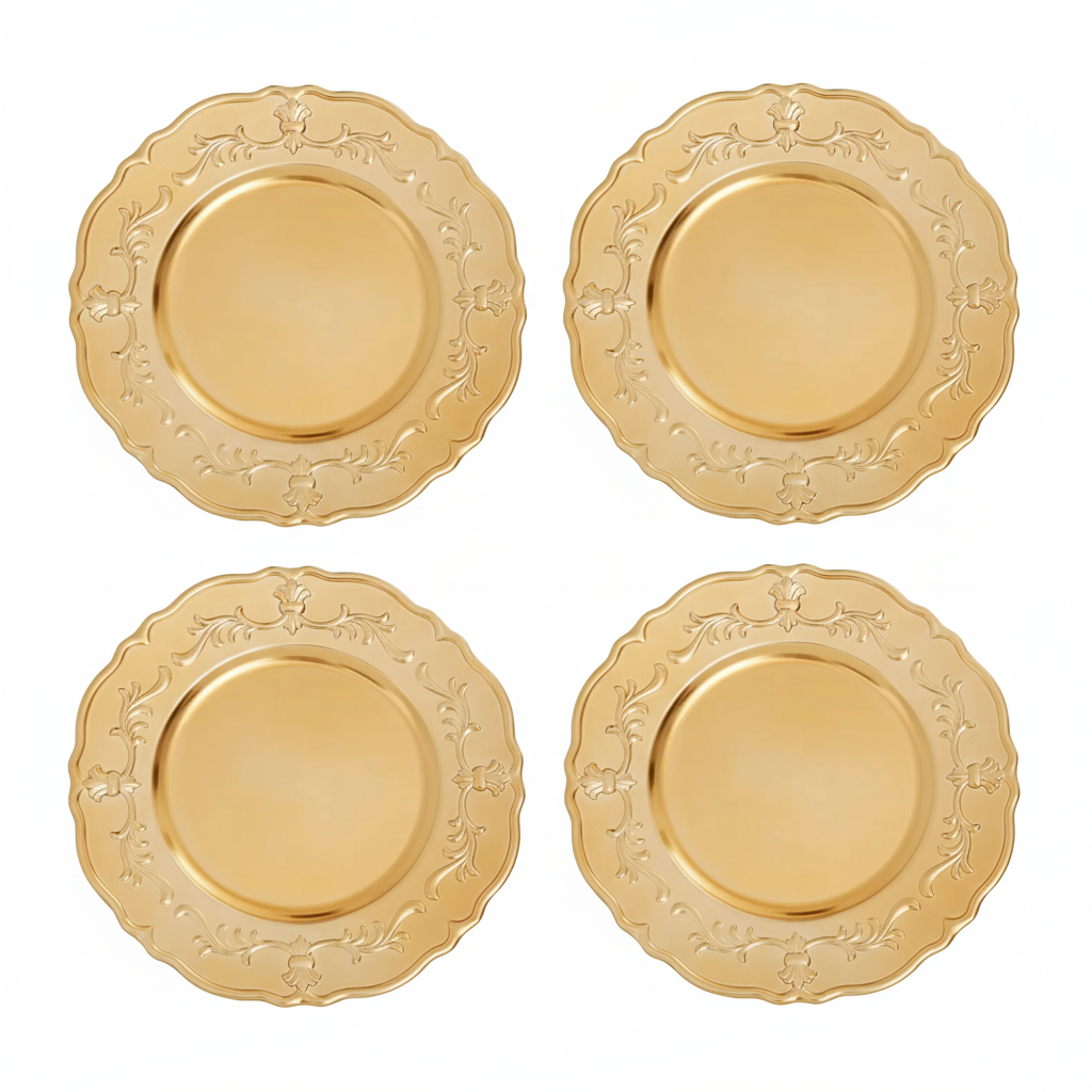 Set of Four 33cm Gold Finish Baroque Charger Plates | Dia