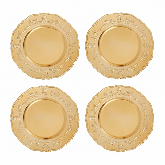 Set of Four 33cm Gold Finish Baroque Charger Plates | Dia