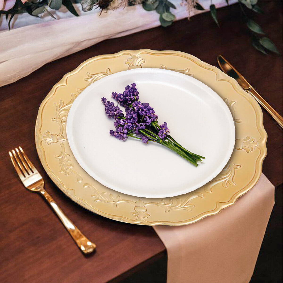 Set of Four 33cm Gold Finish Baroque Charger Plates | Dia
