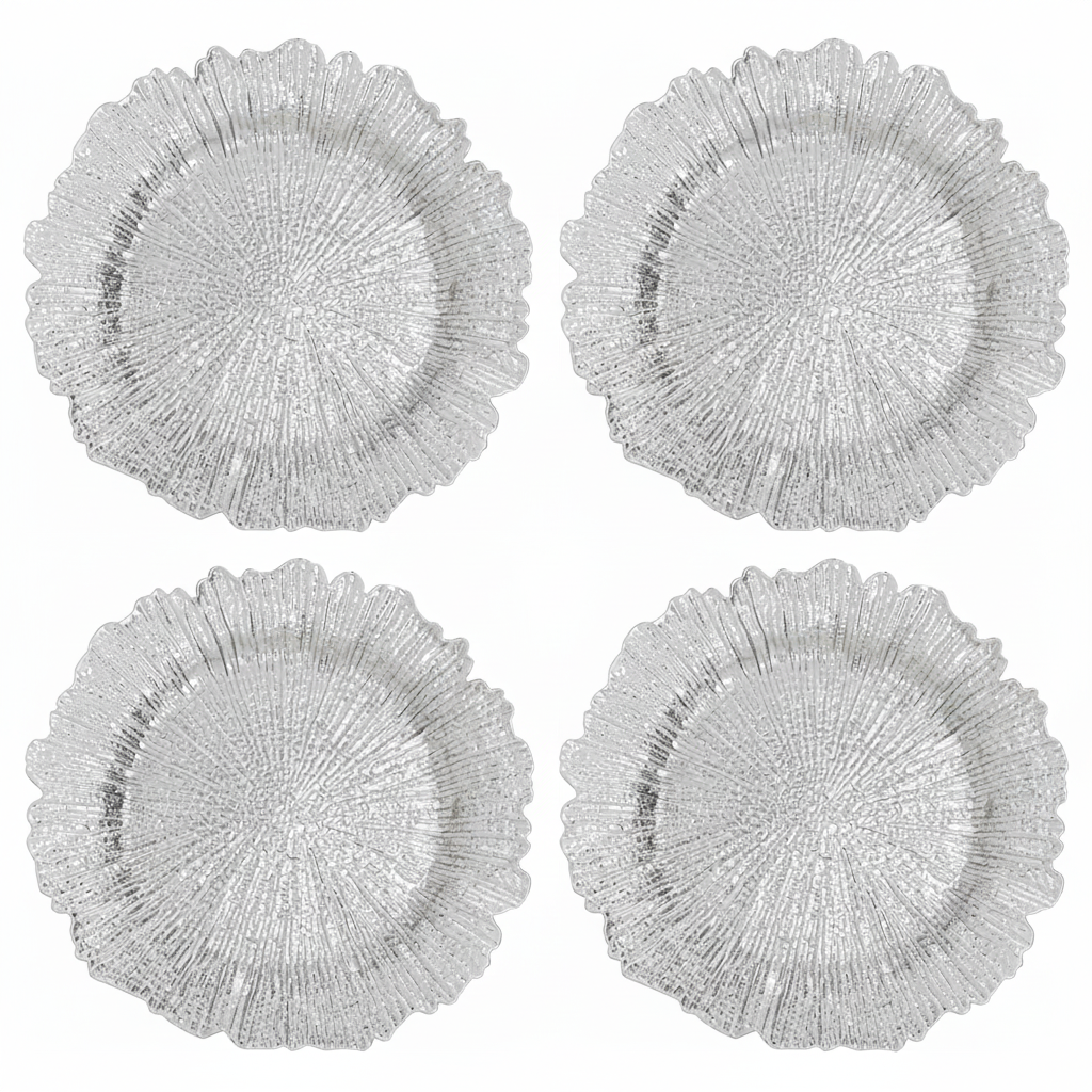 Set of Four 33cm Silver Finish Reef Charger Plates | Dia