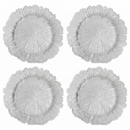Set of Four 33cm Silver Finish Reef Charger Plates | Dia