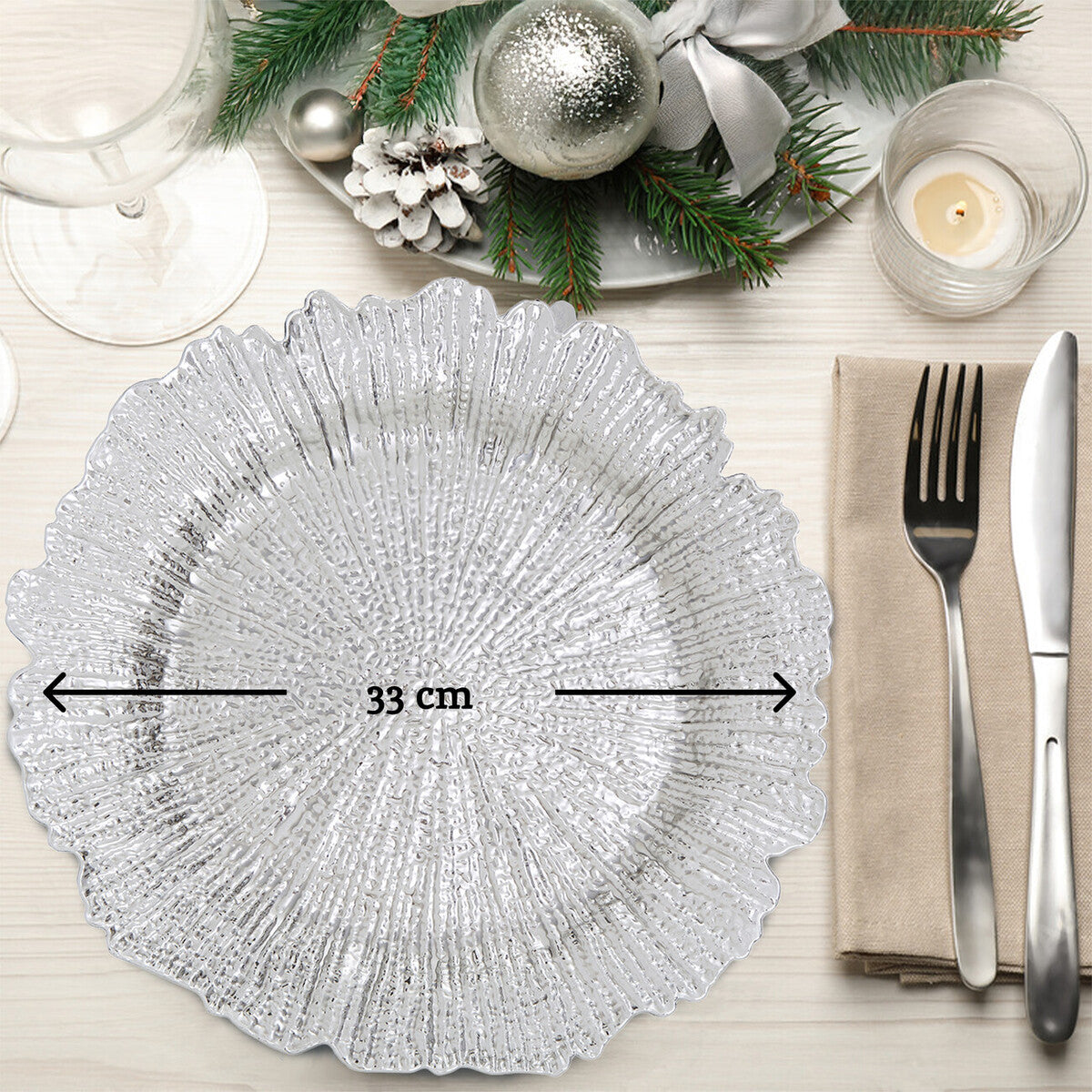 Set of Four 33cm Silver Finish Reef Charger Plates | Dia