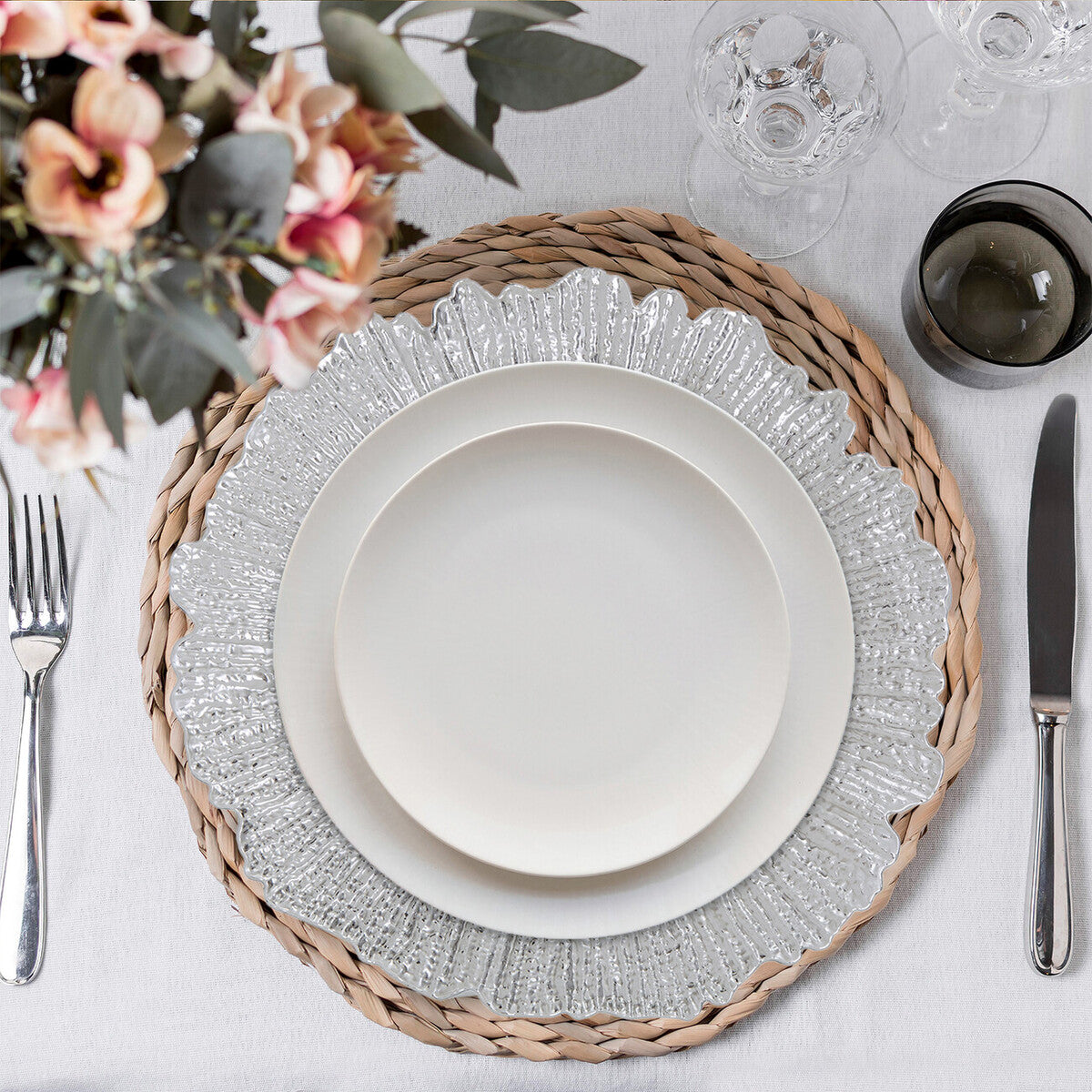 Set of Four 33cm Silver Finish Reef Charger Plates | Dia