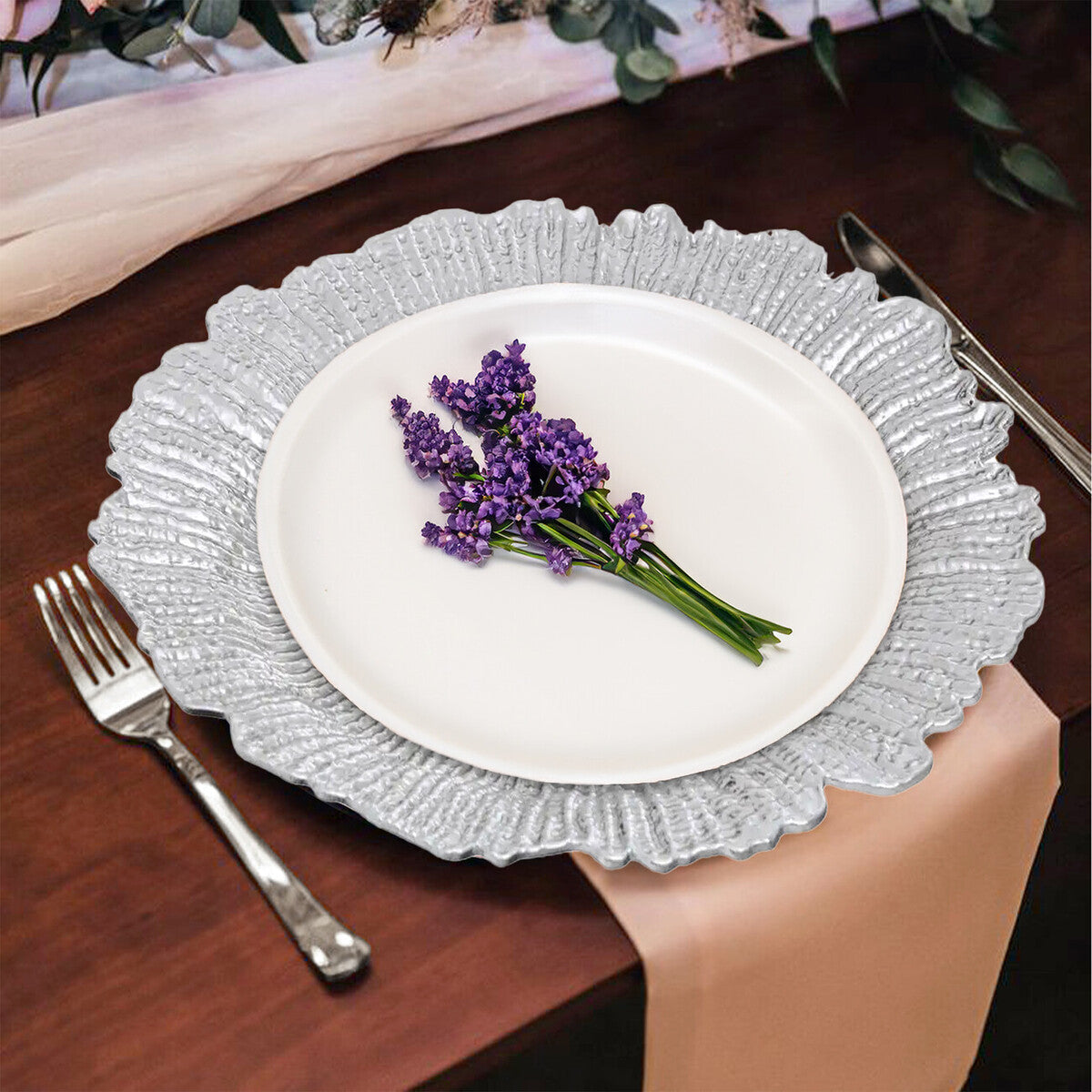 Set of Four 33cm Silver Finish Reef Charger Plates | Dia