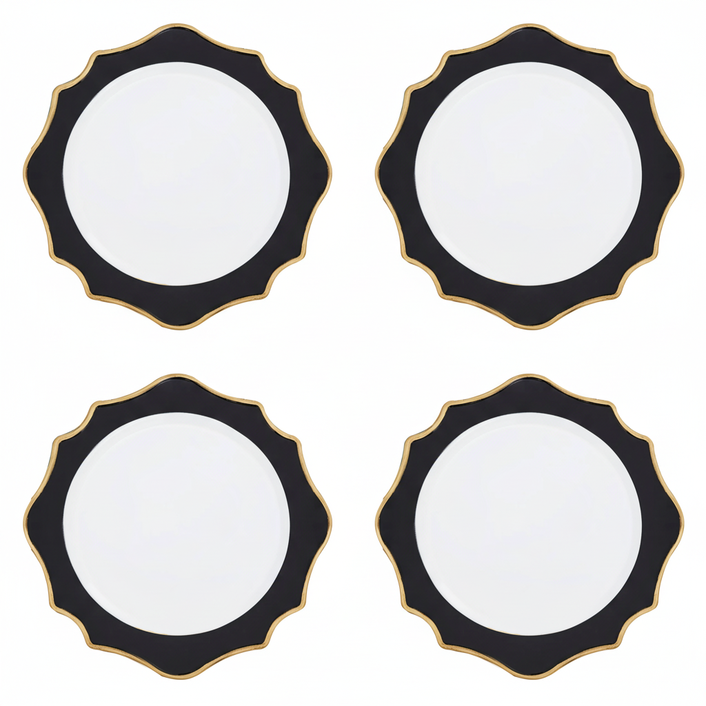 Set of 4 33cm White and Black Round Charger Plates | Dia