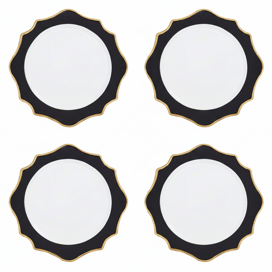 Set of 4 33cm White and Black Round Charger Plates | Dia