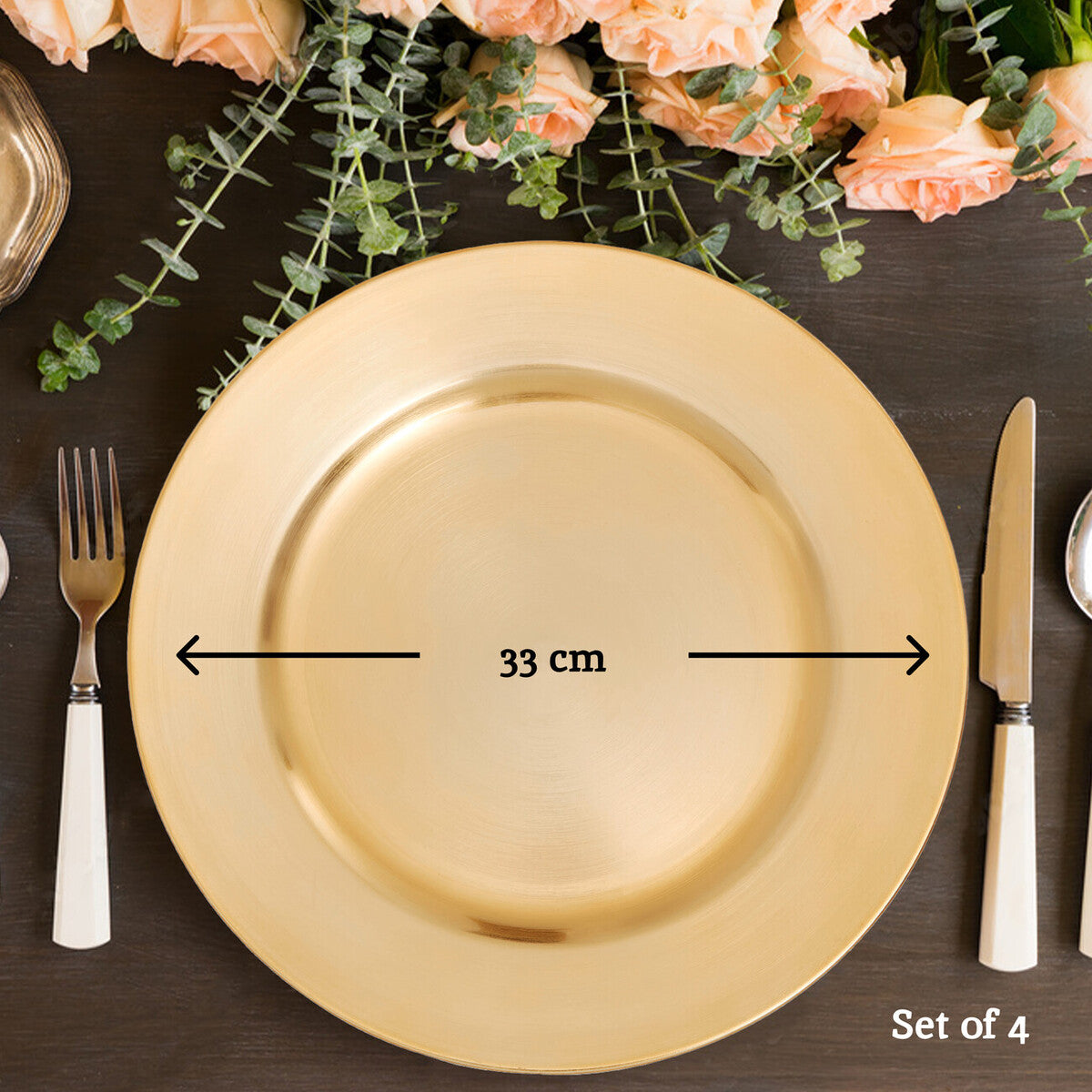 Set of Four 33cm Gold Finish Flat Style Charger Plates | Dia