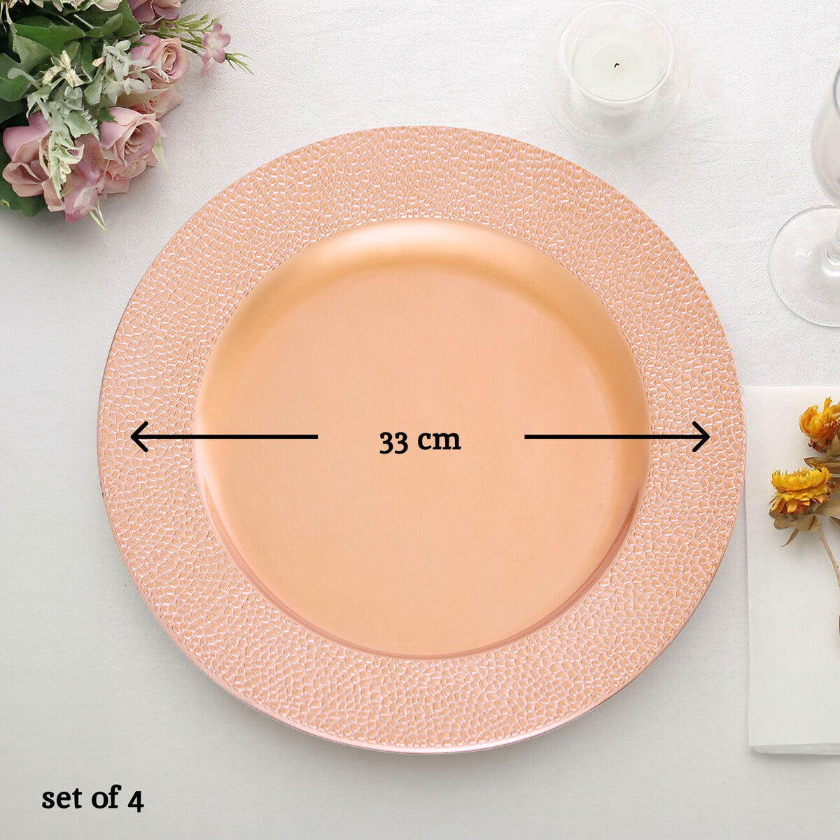 Set of Four 33cm Rose Gold Pebble Effect Charger Plates | Dia