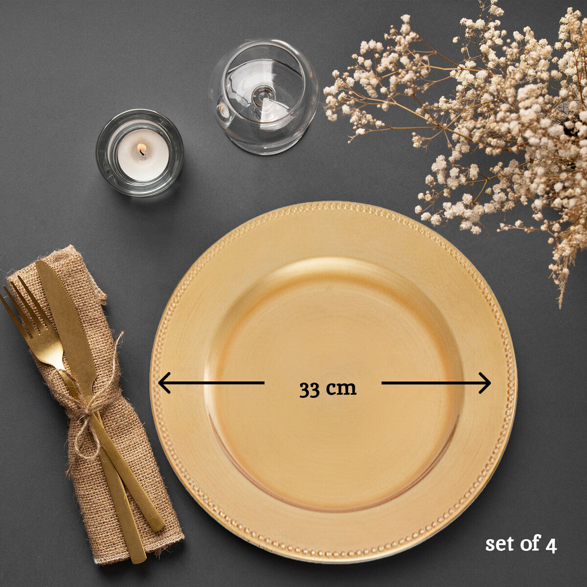 Set of 4 33cm Gold Finish Dotted Charger Plates | Dia