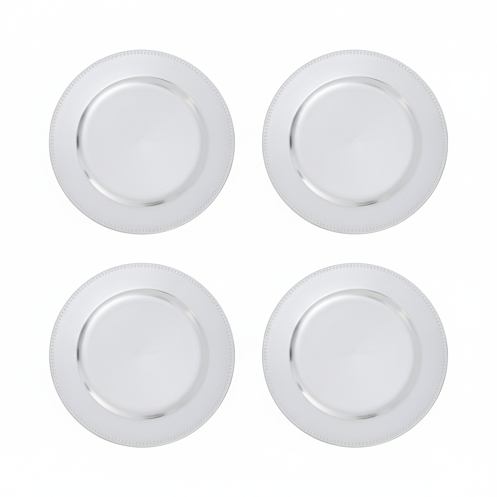 Set of Four 33cm Silver Finish Dotted Charger Plates | Dia