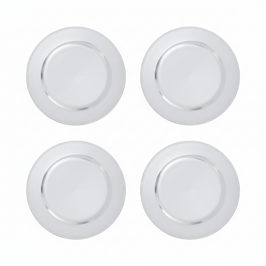 Set of Four 33cm Silver Finish Dotted Charger Plates | Dia