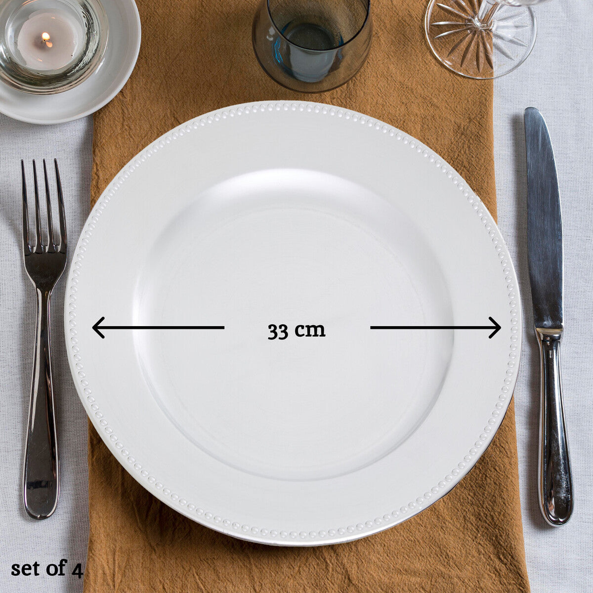 Set of Four 33cm Silver Finish Dotted Charger Plates | Dia