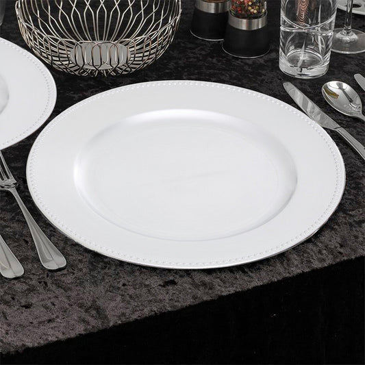 Set of Four 33cm Silver Finish Dotted Charger Plates | Dia
