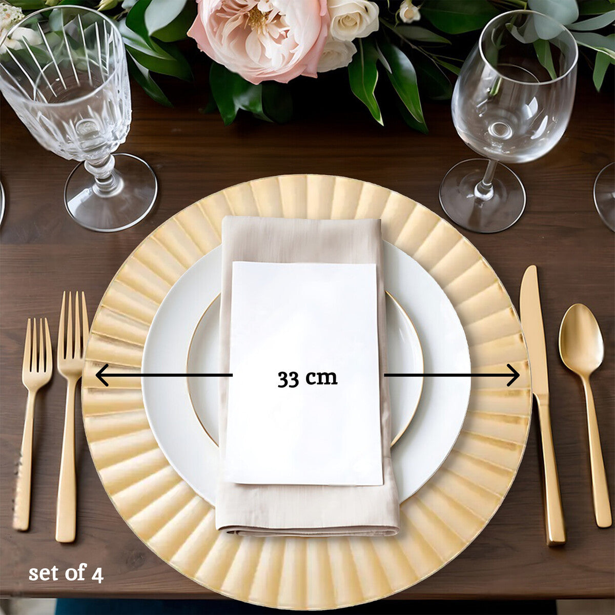 Set of Four 33cm Gold Finish Wave Rim Charger Plates | Dia