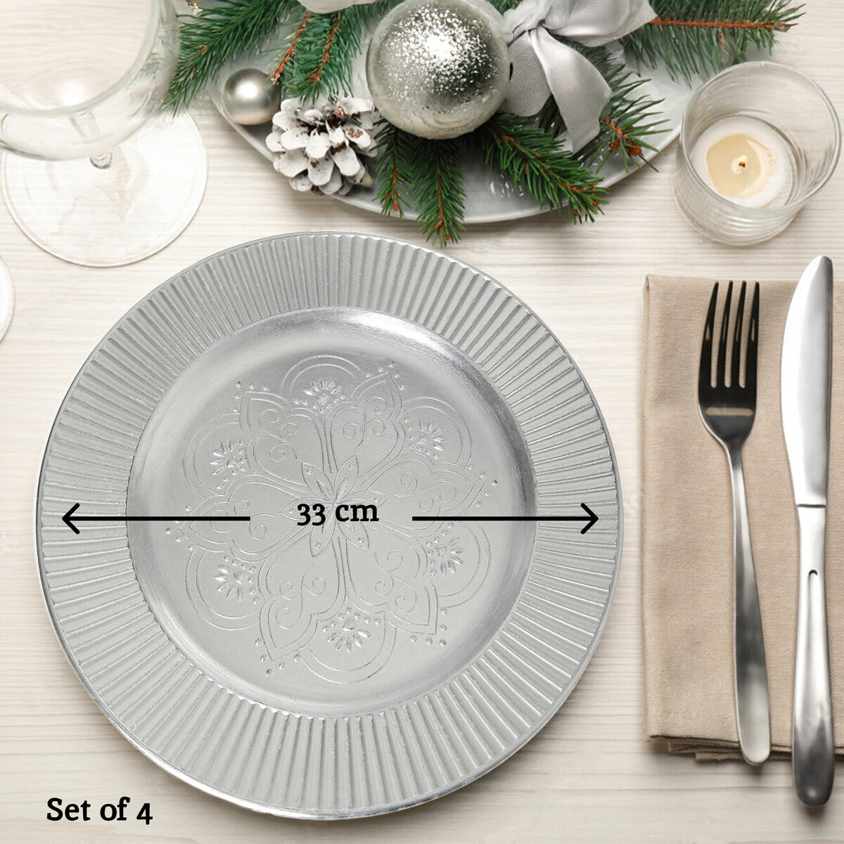 Set of Four 33cm Dia Redbud Silver Charger Plates | Redbud