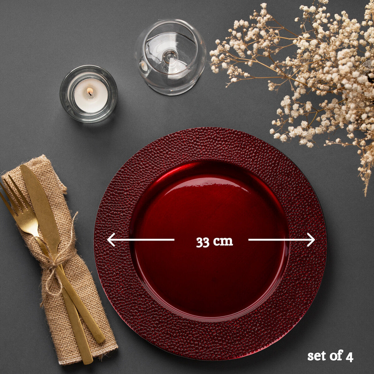 Set of Four 33cm Paxton Red Pebble Effect Charger Plates | Paxton
