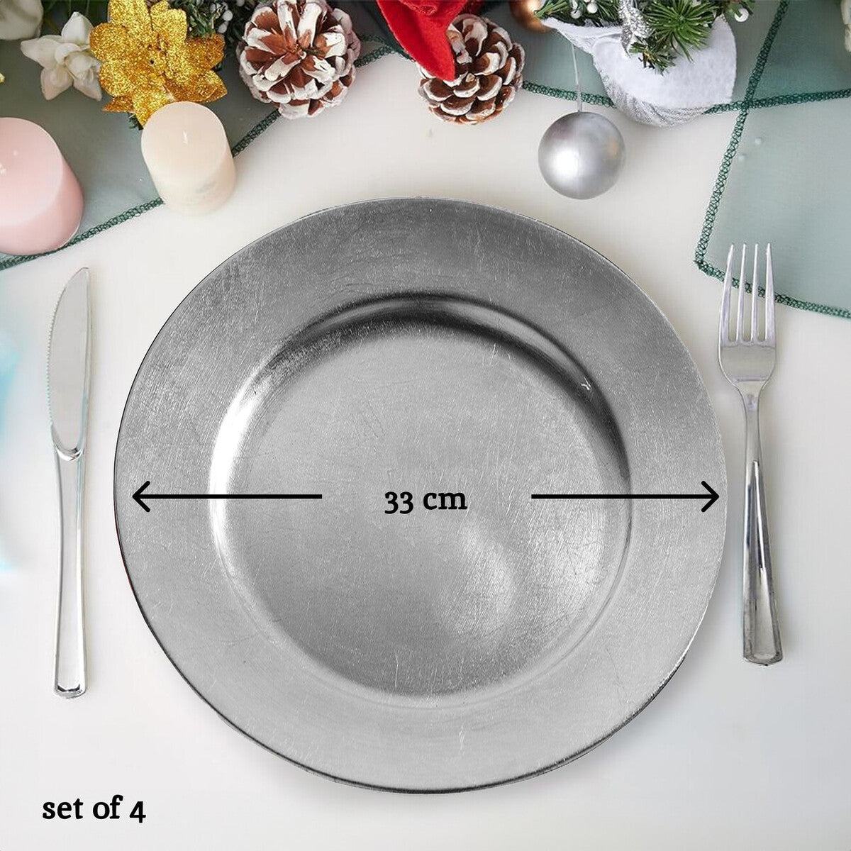 Set of Four 33cm Flat Style Silver Decorative Charger Plates | Dia
