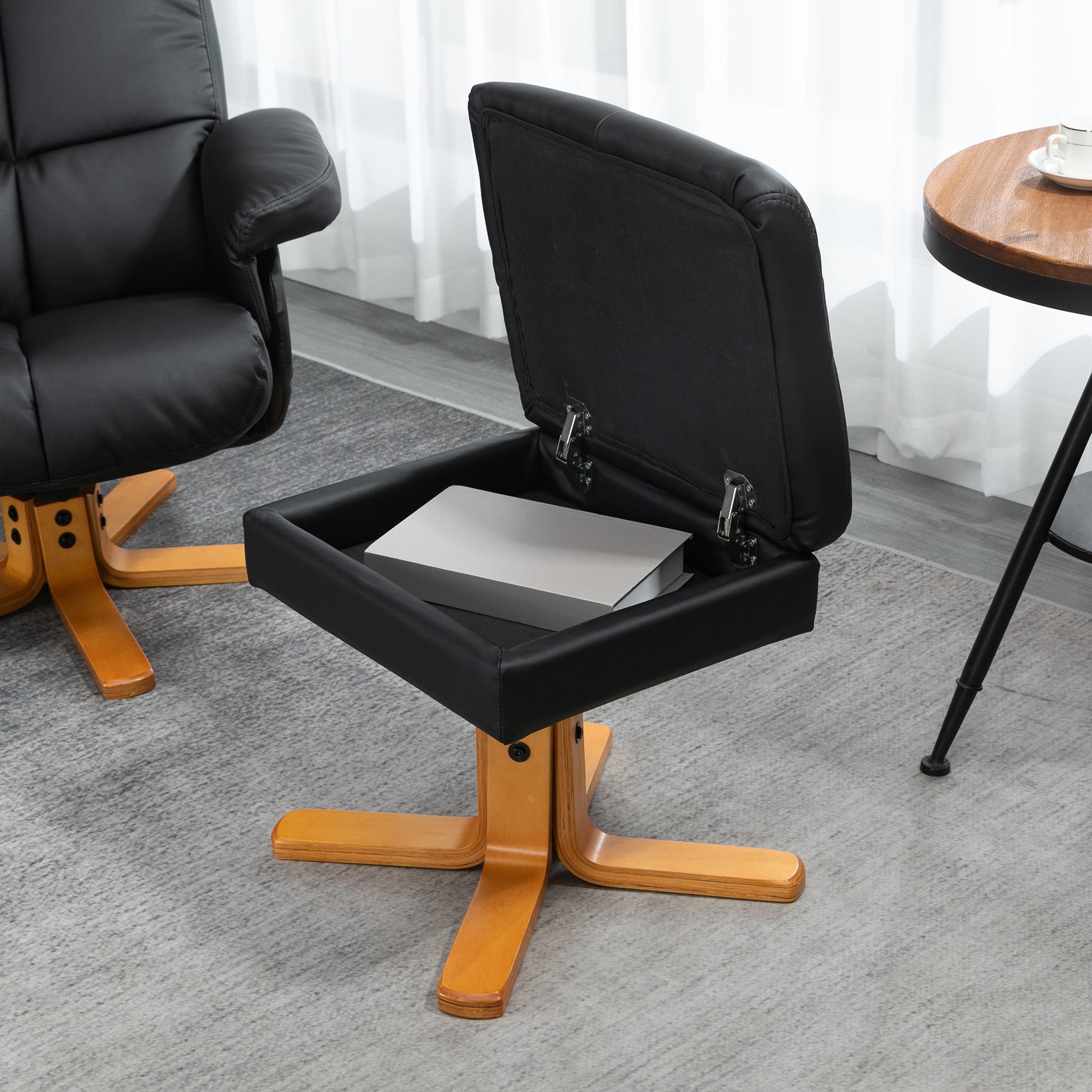 Recliner Armchair, Swivel Reclining Chair With Ottoman, Swivel Faux Leather Chair with Wooden Base and Storage Footstool for Living Room, Black