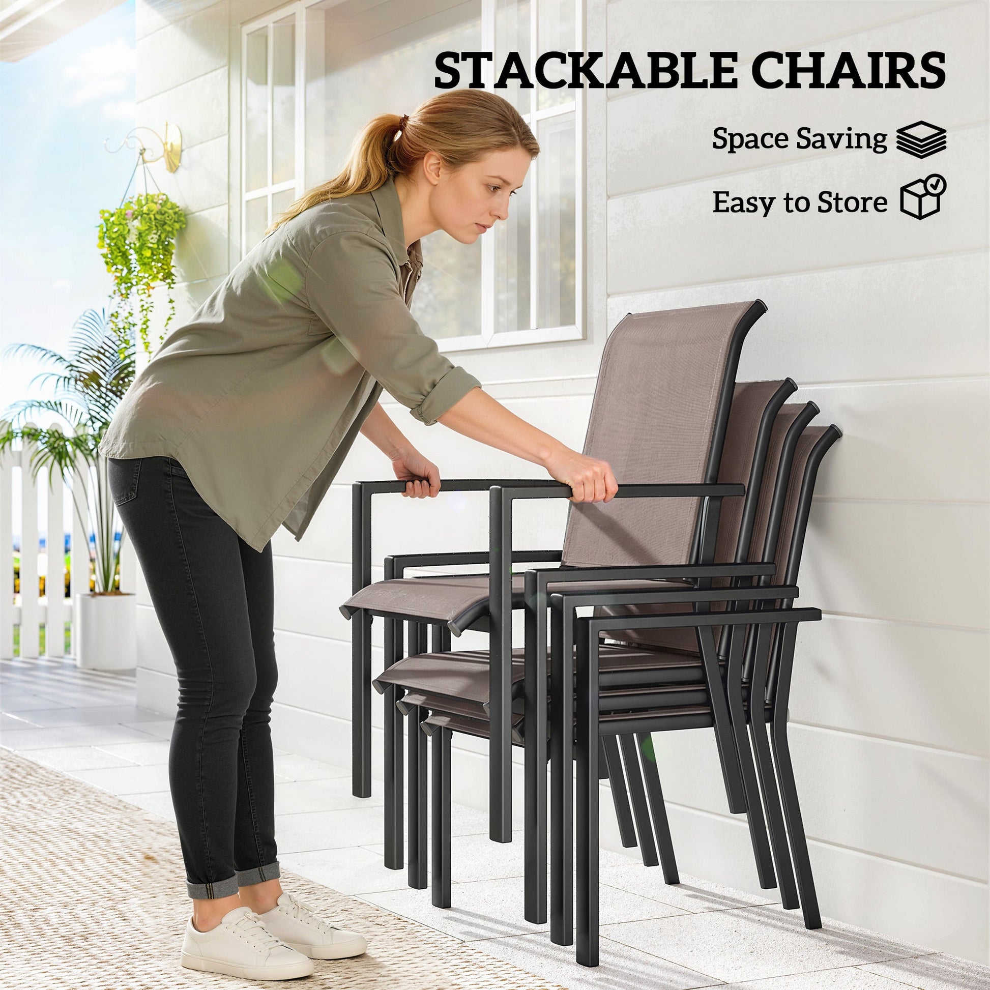 5 Pieces Outdoor Dining Set for 4, Garden Table and Stackable Chairs with Breathable Mesh Seat, Grey and Khaki