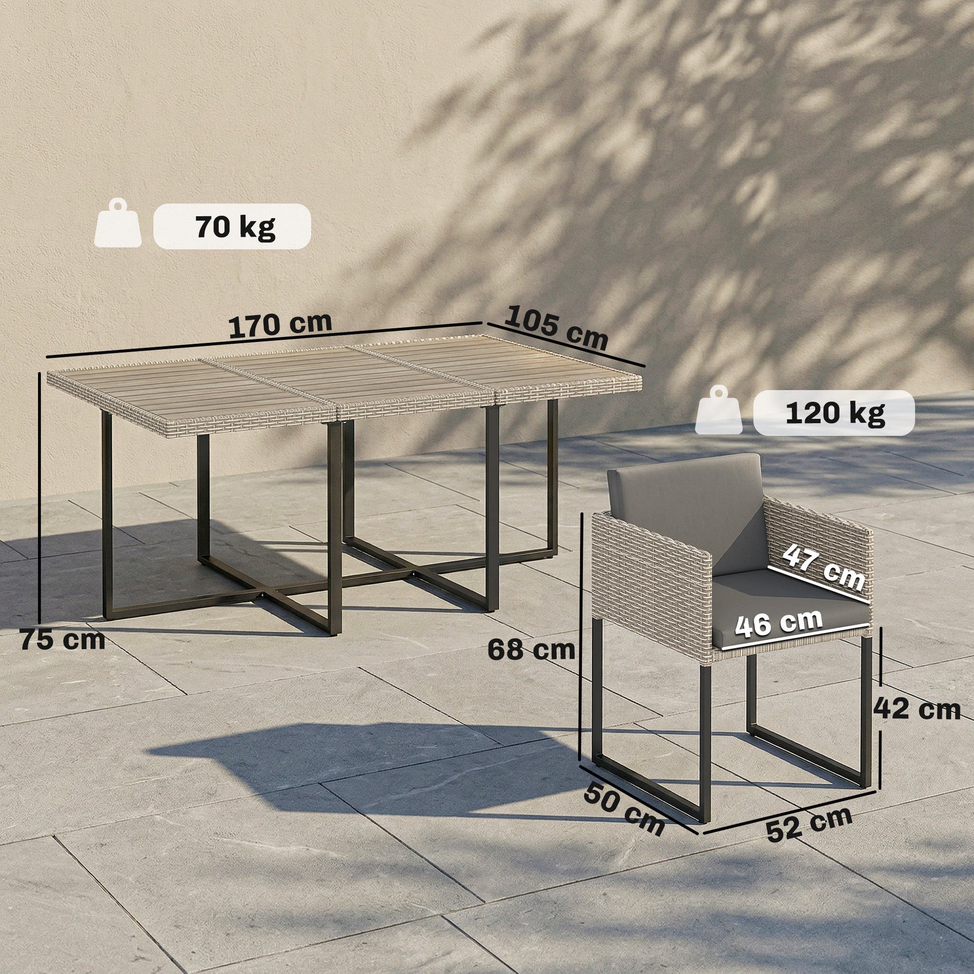 7 Piece Rattan Garden Furniture Set, Garden Dining Set with Wood-Plastic Table and 6 Stackable Chairs, Light Grey