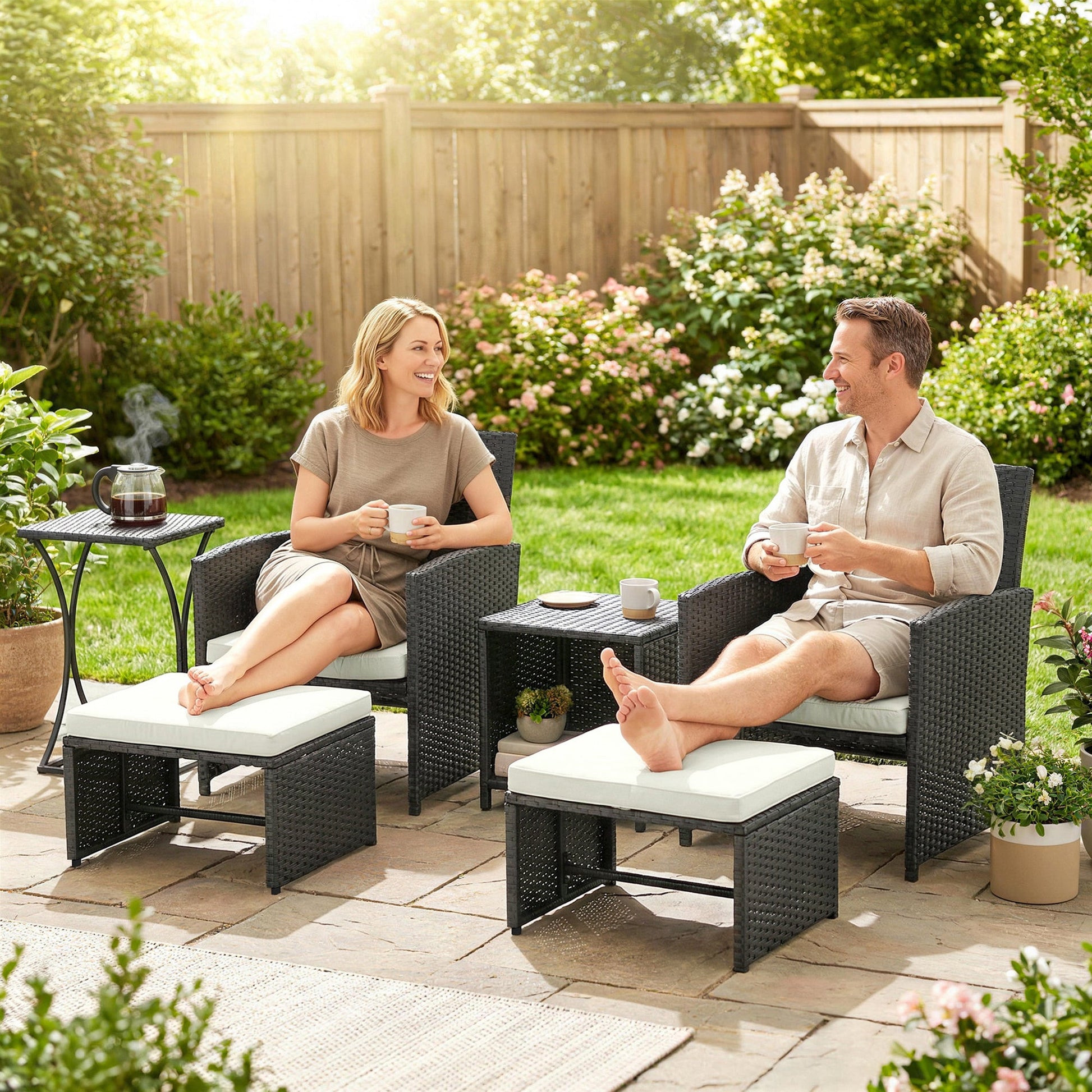 6 Piece Rattan Garden Furniture, Space-Saving Patio Furniture Set with Nesting Tables, Chairs, Stools, Cushions, Black