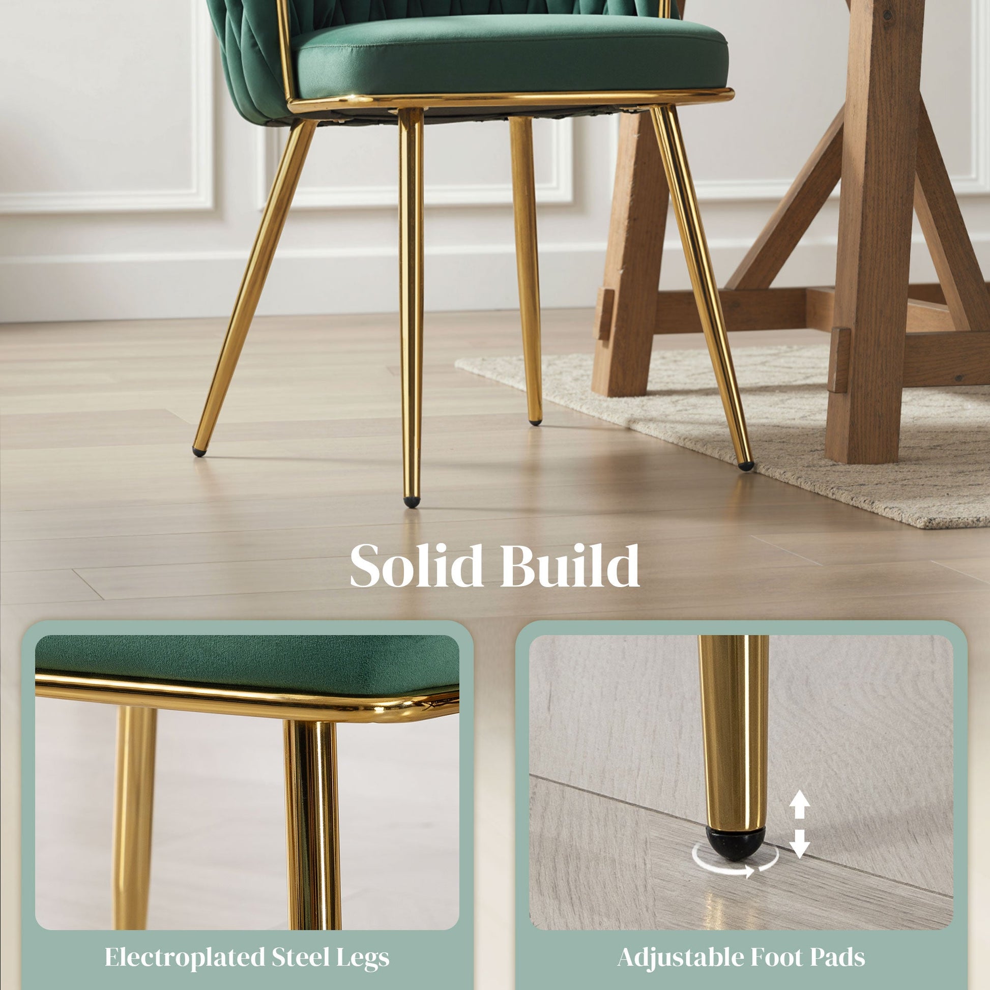 Velvet-Feel Dining Chairs Set of 2, Modern Upholstered Armchair with Knot Design and Golden Metal Legs, Accent Chair for Dining Room, Bedroom, Kitchen, Living Room, Dark Green