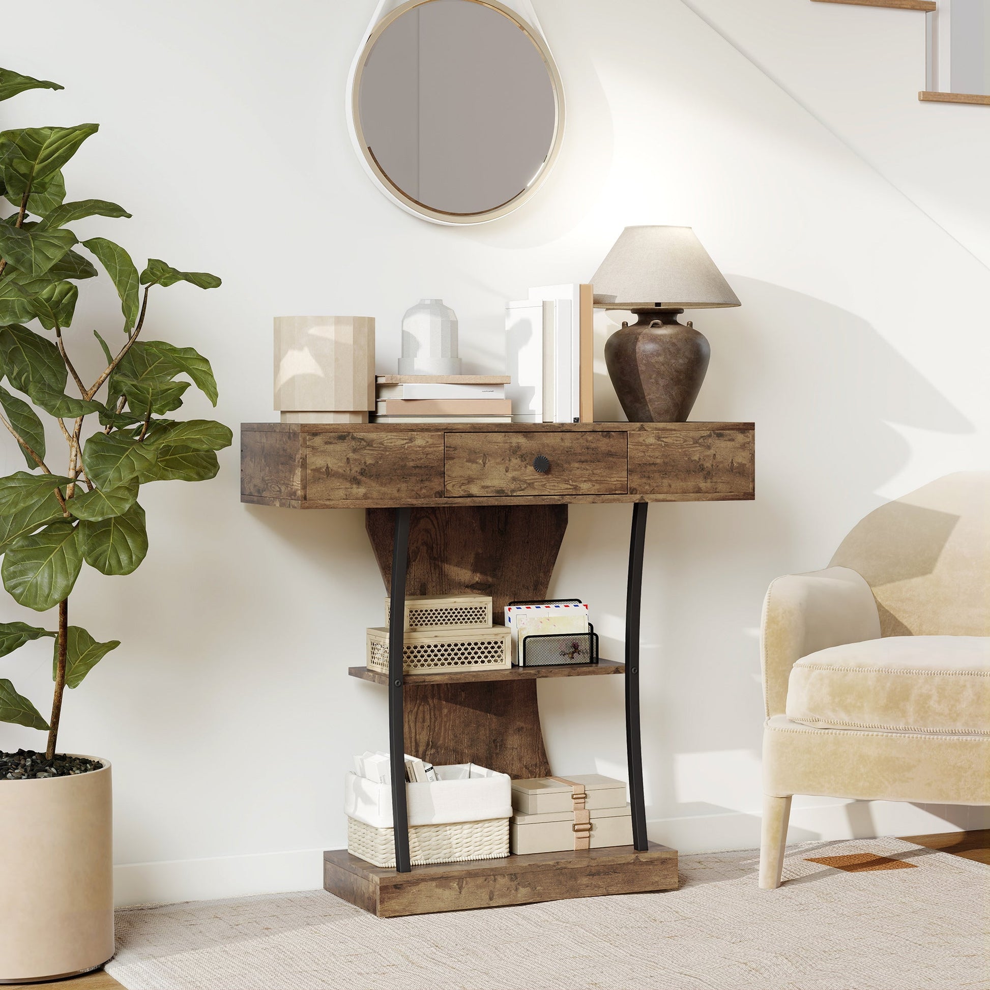 Console Table, 3-Tier Industrial Hallway Table with Drawer, Storage Shelves, 91 x 32 x 87 cm, Rustic Brown