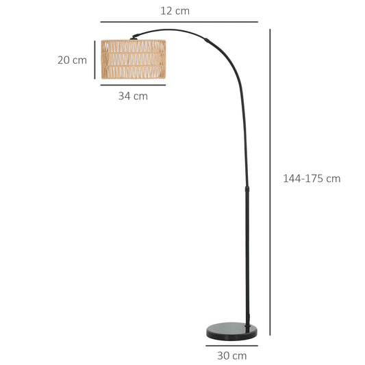 Rattan Floor Lamp for Living Room, Farmhouse Arc Standing Lamp with Dual-Layer Shade & Foot Switch, Height Adjustable Minimalist Tall Pole Lampshade for Bedroom, Office, Black