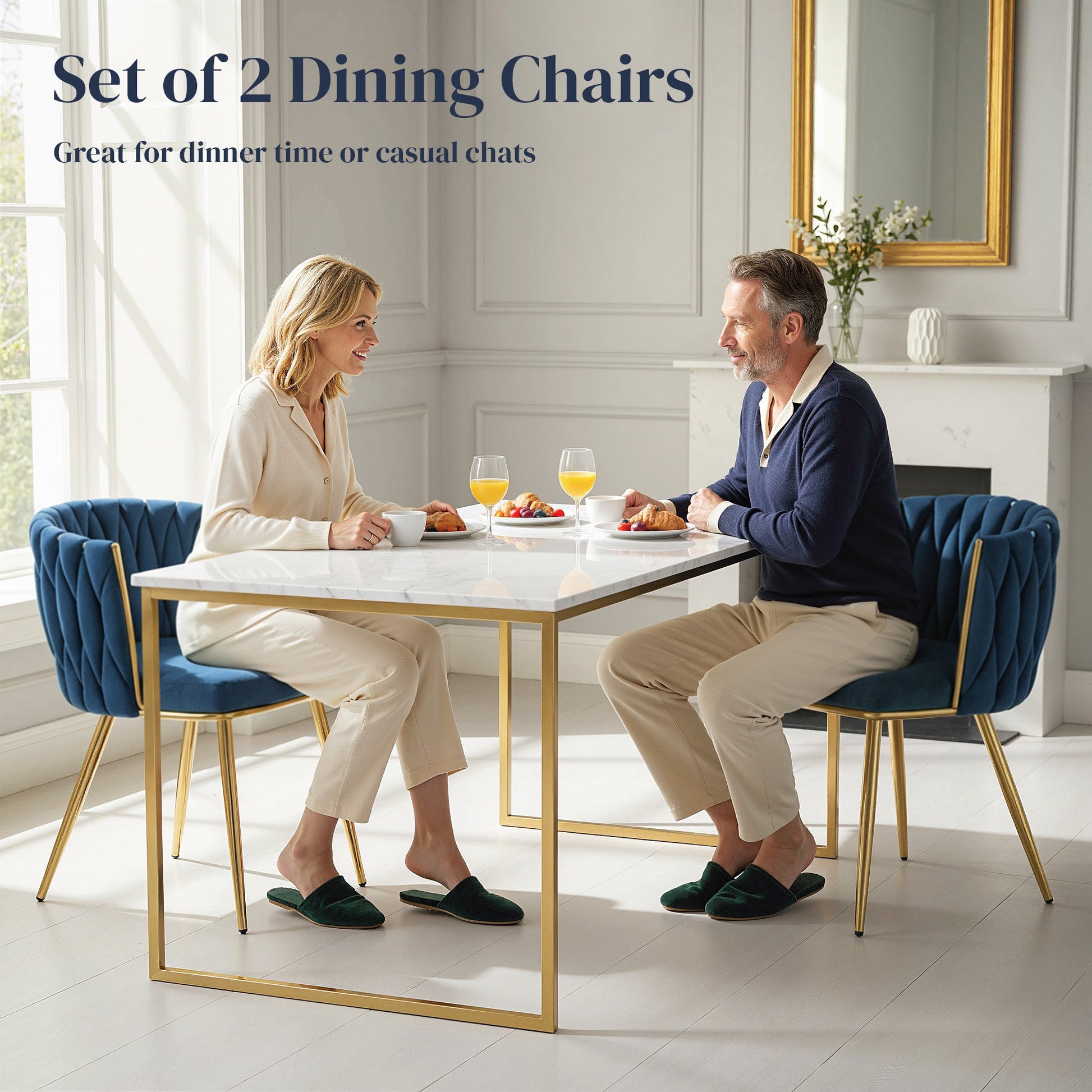 Velvet-Feel Dining Chairs Set of 2, Modern Upholstered Armchair with Knot Design and Golden Metal Legs, Accent Chair for Dining Room, Bedroom, Kitchen, Living Room, Dark Blue