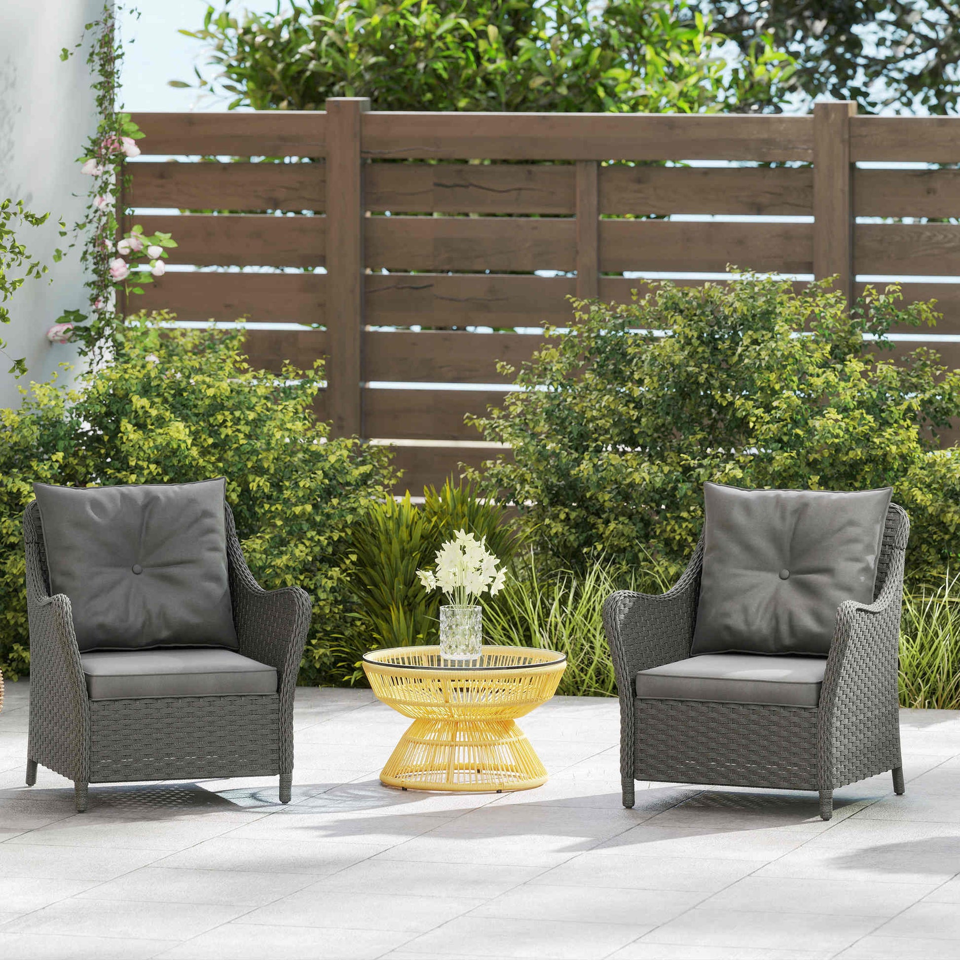 Rattan Garden Chairs Set of 2, Outdoor Rattan Chairs with Cushions, Armrests and High Back, PE Wicker Garden Armchair with Steel Frame for Balcony, Porch, Dark Grey