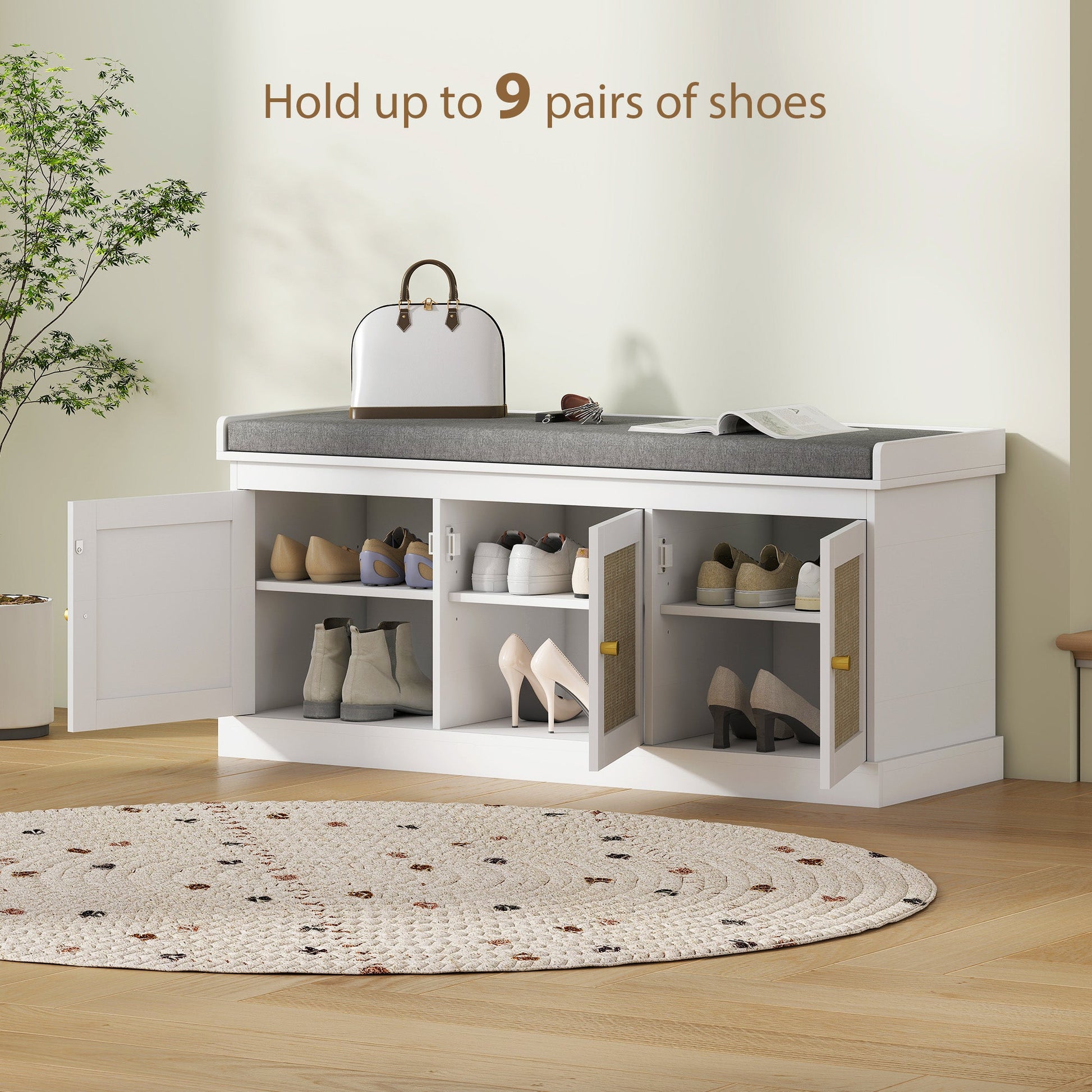 Shoe Storage Bench with Woven Rattan Doors, Seat - White