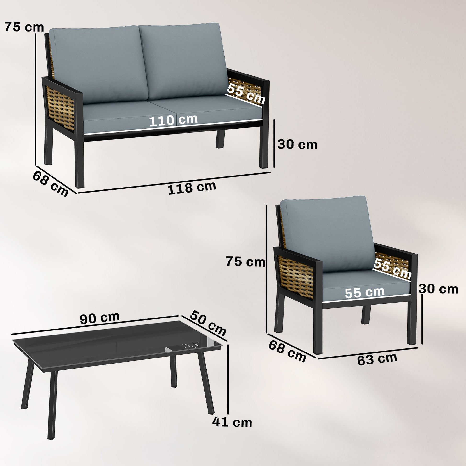 4 Seater Rattan Garden Furniture Set with 2 Armchairs, Loveseat, Coffee Table, Garden Sofa Set with Cushions, Grey