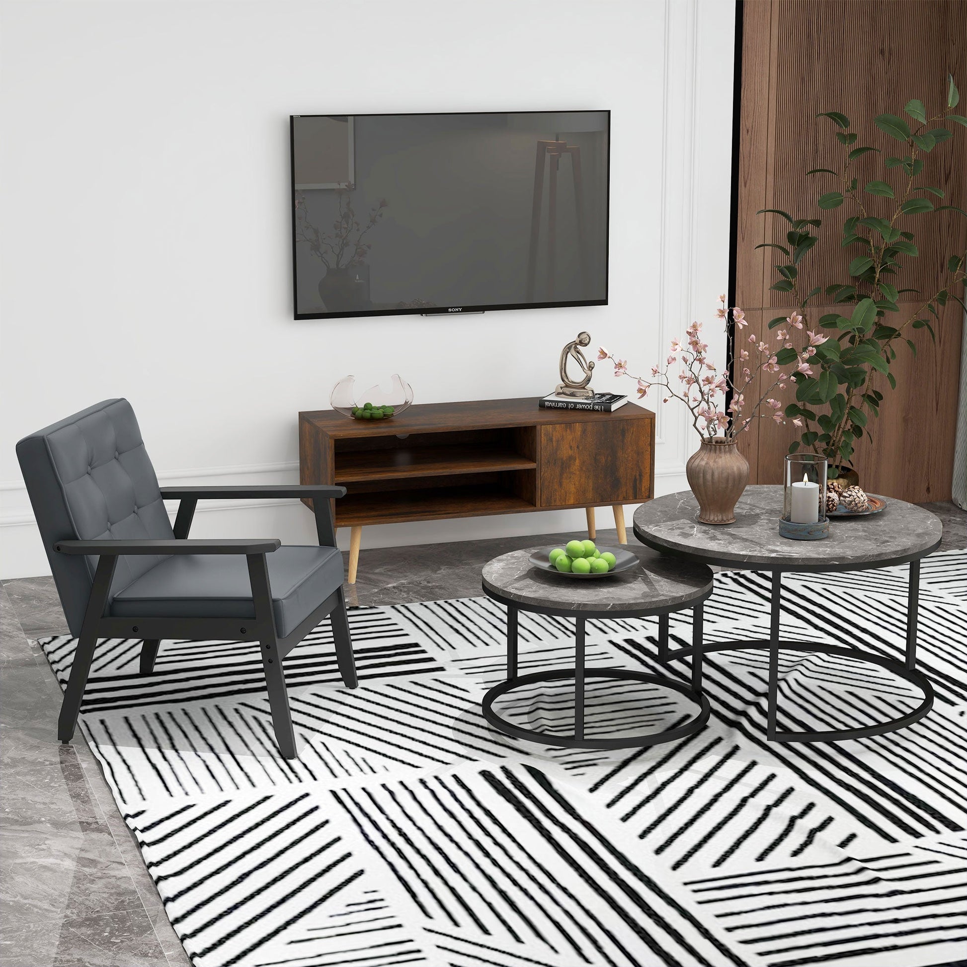 Industrial Nesting Coffee Table Set of 2, Round Coffee Tables, Living Room Table with Faux Marbled Top and Steel Frame