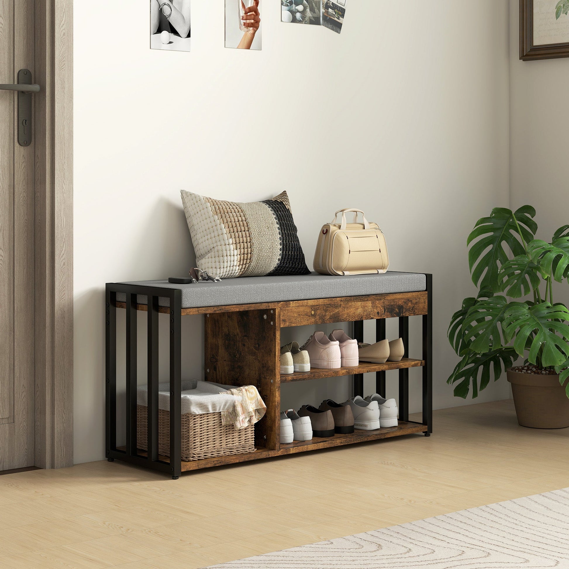 HOMCOM Shoe Storage with Seat, Upholstered Entryway Bench, Shoe Bench with 3 Open Shelves for Hallway, Rustic Brown